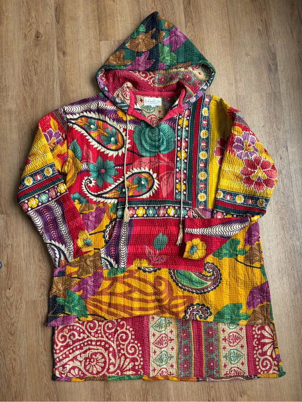 Kantha Bae Hooded High Low Pullover M Colorful Patchwork Kantha Quilt Boho